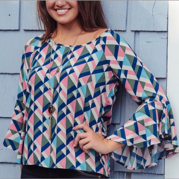 • Ruffle Sleeve & Maze Print Blouse • - Picture 3 of 5